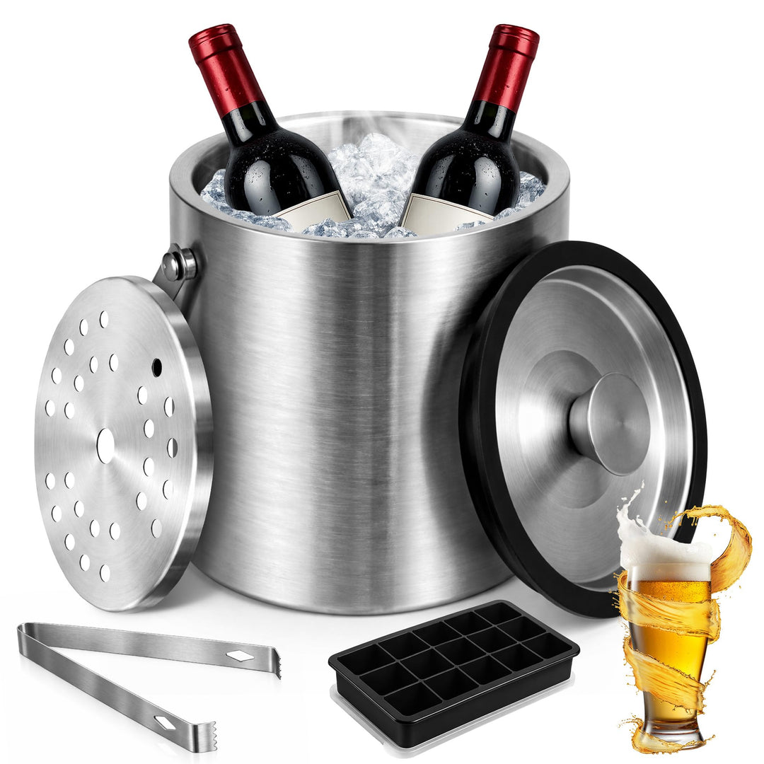 2.0L Eiswürfelbehälter mit Deckel, Eisbehälter Edelstahl mit Clips und Sieb, Eiswürfelform Silikon,