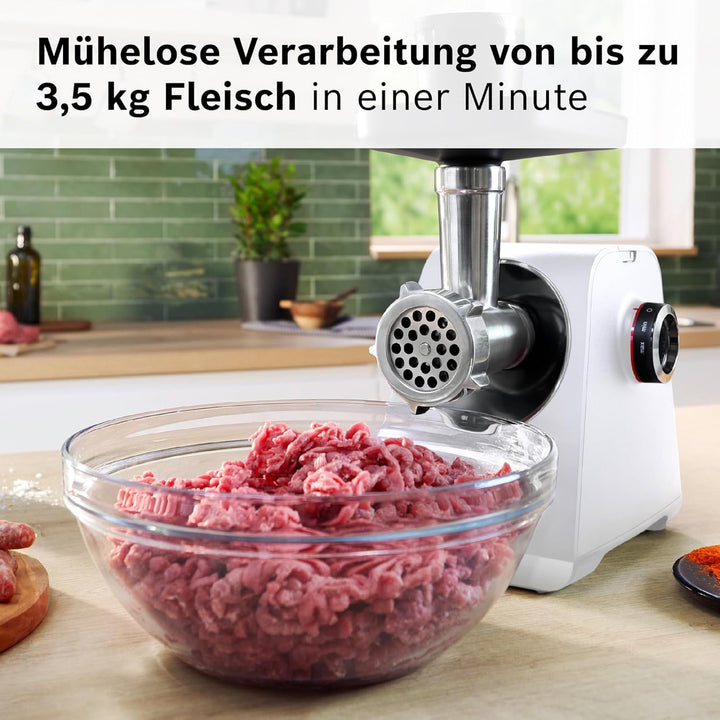 Bosch MultiPower Serie 6 Fleischwolf MFWS607W, 2 Lochscheiben (4,5 und 8 mm), Edelstahl, spülmaschin