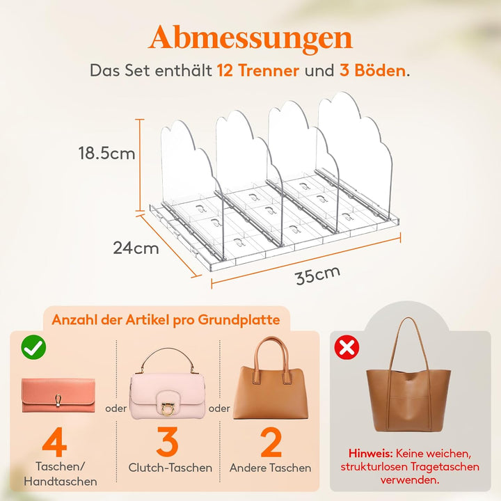 Lifewit 3 Stück Handtaschen Trenner Aufbewahrung für 10 Taschen, Transparent Regaltrenner Taschenstä