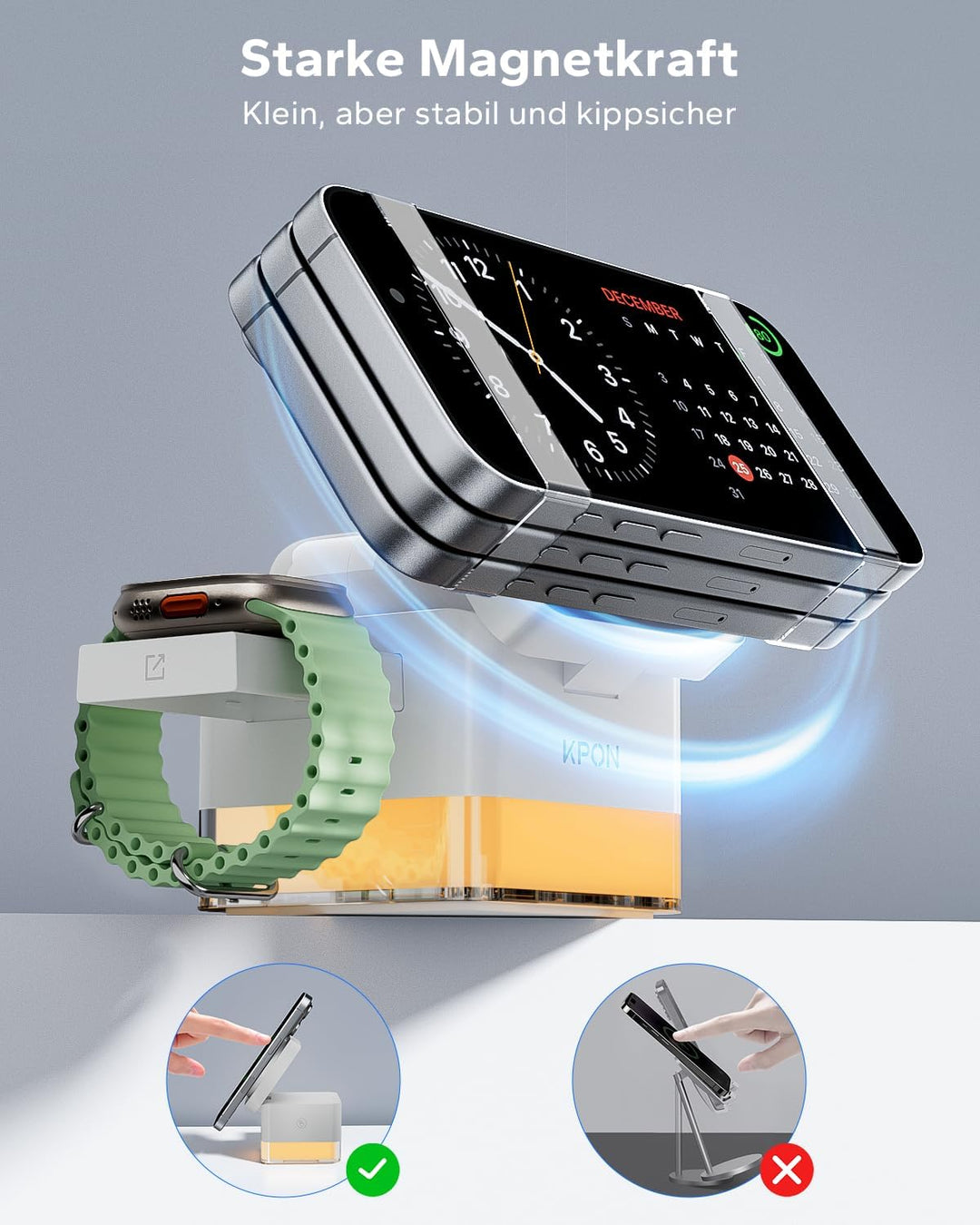 KPON Ladestation Apple Watch und iPhone für Magsafe, 3-in-1 Cube Induktive Ladestation mit Magsafe L