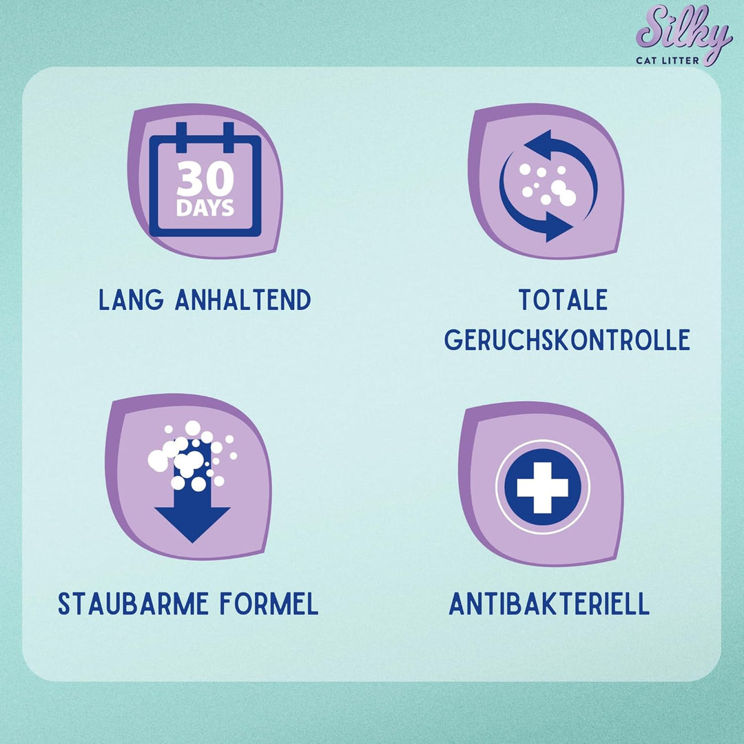 Silky Mikro Silikat-Katzenstreu 3,8L | 30,4L Satz | Staubfrei, Geruchskontrolle, Saugfähig, Bakterie