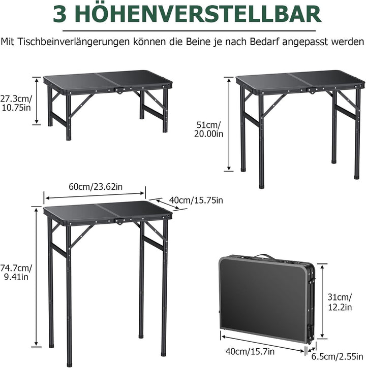 JiGiU Campingtisch 60x40cm Klapptisch mit 3 Höhenverstellbar 27cm/51cm/74cm Aluminium-Rahmen Kompakt