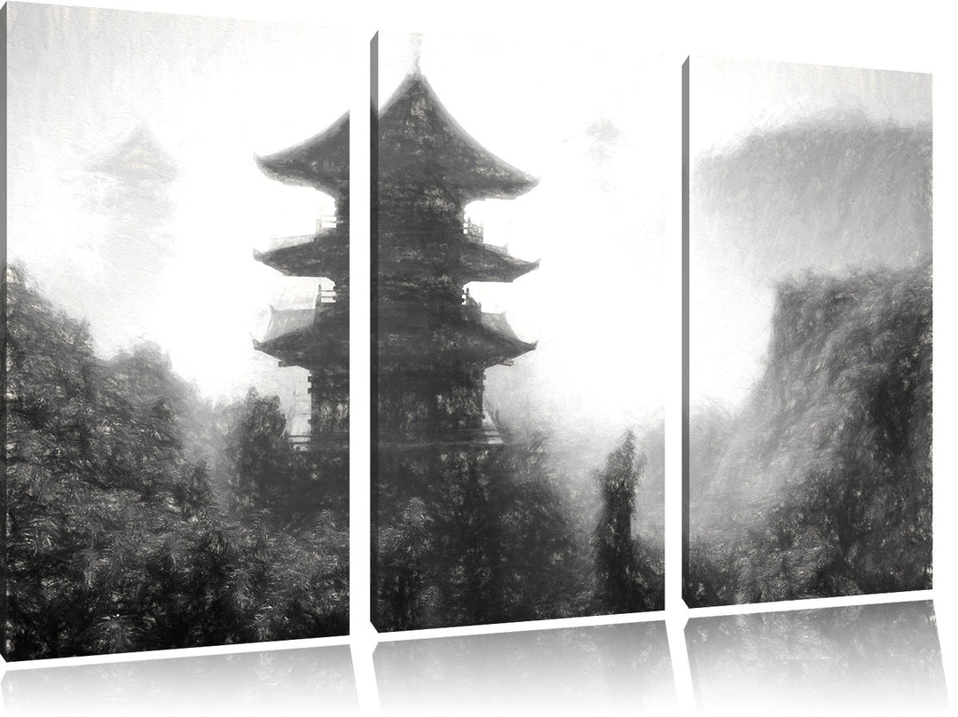 Pixxprint chinesische Häuser Kunst / 3-Teilig/Gesamtmass 120cm Leinwandbild bespannt auf Holzrahmen/