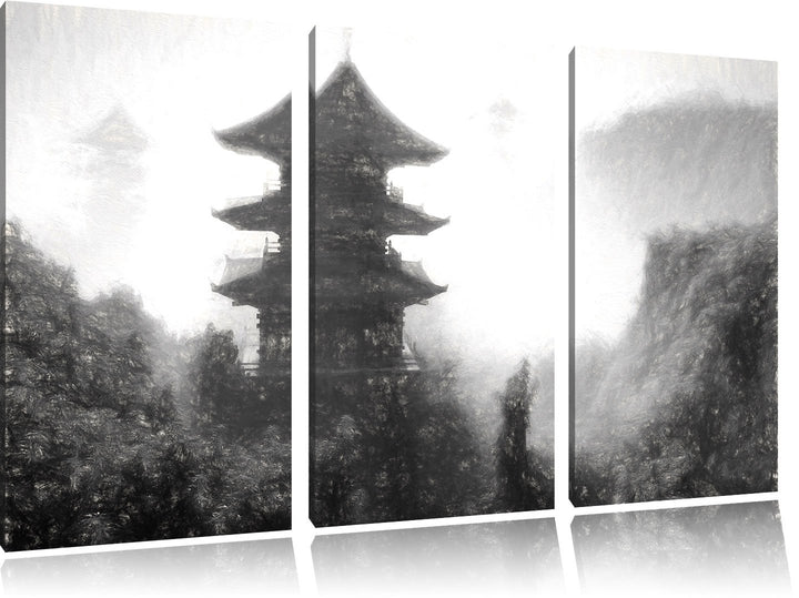 Pixxprint chinesische Häuser Kunst / 3-Teilig/Gesamtmass 120cm Leinwandbild bespannt auf Holzrahmen/