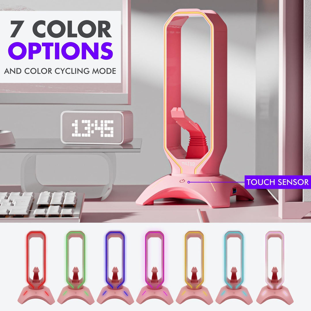 Tilted Nation RGB Gaming Headset Stand 3 in 1 rosa Kopfhörer Ständer mit Maus Bungee und 2 Port USB
