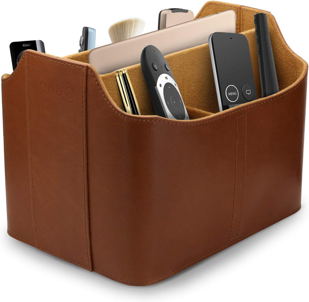 Londo Leder Fernbedienung Organizer und Halter mit Tablet Fach, Fernbedienungshalter (Hellbraun) & L