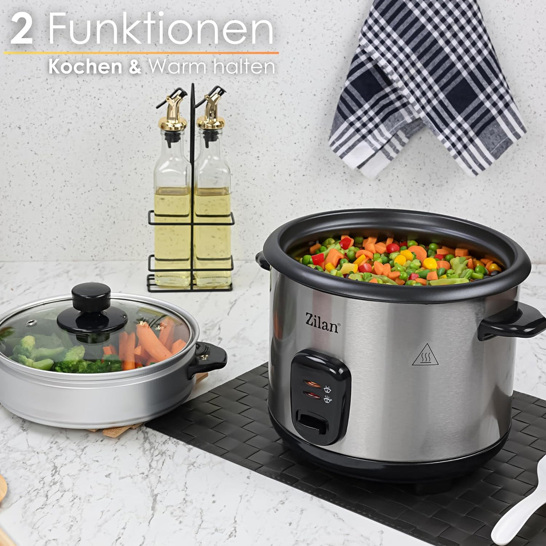 Reiskocher | Multikocher | 1,5 Liter | Dampfkocheinsatz | Reis Kocher | 500 Watt | Aluminium | Autom