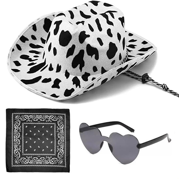 Western Cowboyhut Set, Cowboyhut mit Kuhmotiv, Westernhut 3PCS, Herzförmige Sonnenbrille und Kopftuc