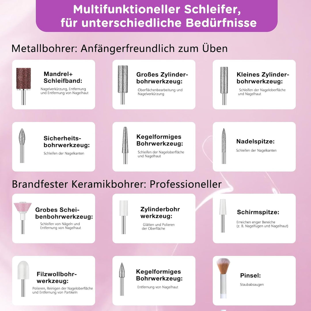 Nagelfräser Kabellos Tragbar 800mAh Elektrische Nagelfeile Professionell 12-IN-1 4-6 Stunden Arbeits