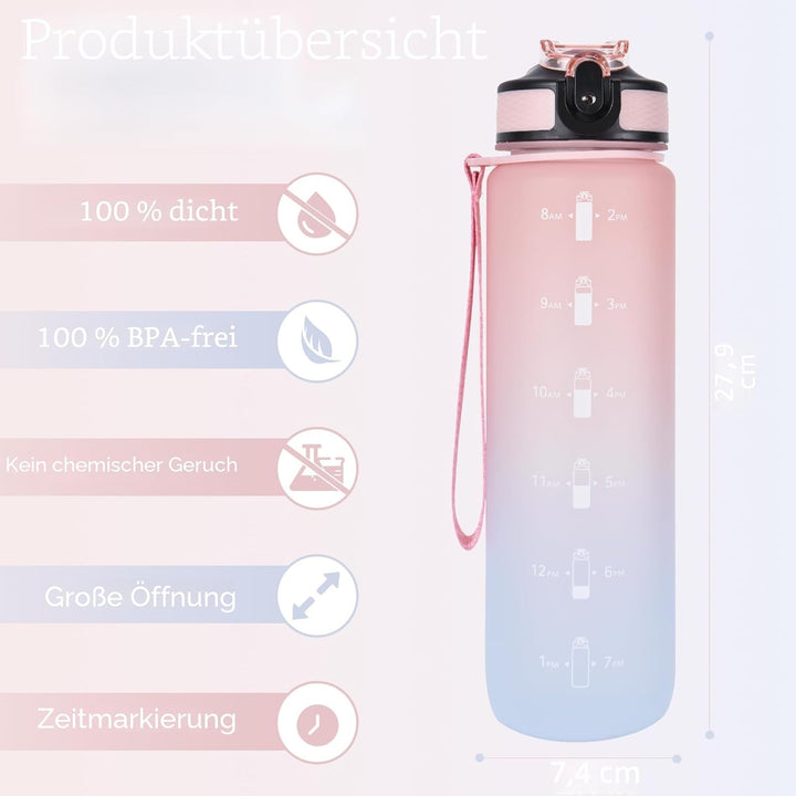 NAVTUE 1 Liter Sport-Wasserflasche mit Strohhalm und Zeitmarkierungen, auslaufsichere Tritan-Trinkfl
