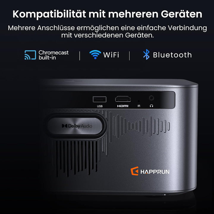 HAPPRUN Smart Beamer mit 3000 ANSI Lumen, Offiziellem Google TV, 4K-Unterstützung, Dolby Audio, Auto