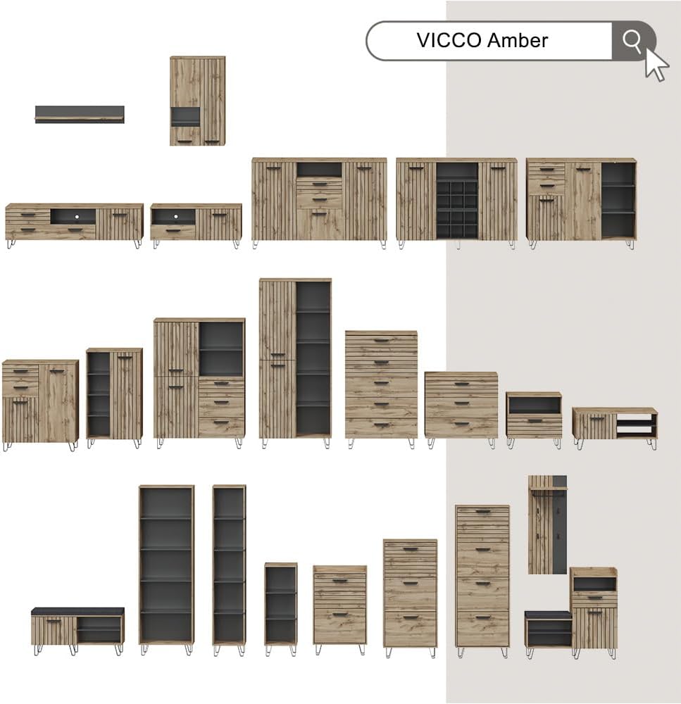Vicco Schuhkipper Amber, Eiche Wotan, 60 x 168 cm mit 4 Fächern Schuhschrank, 4 Fächern, Schuhschran