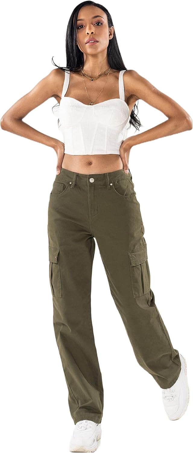 Nina Carter Q1885 Damen Cargo Jeans High Waist Cargohose Stretch Straight Leg Hose L Khaki (Q1885-2)