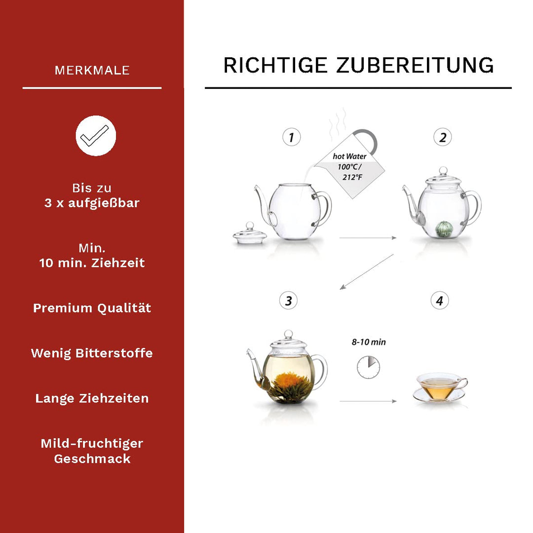 Creano Teeblumen Mix - Geschenkset Erblühtee mit Glaskanne & 2x 250ml Thermogläser - Weisser Tee (in
