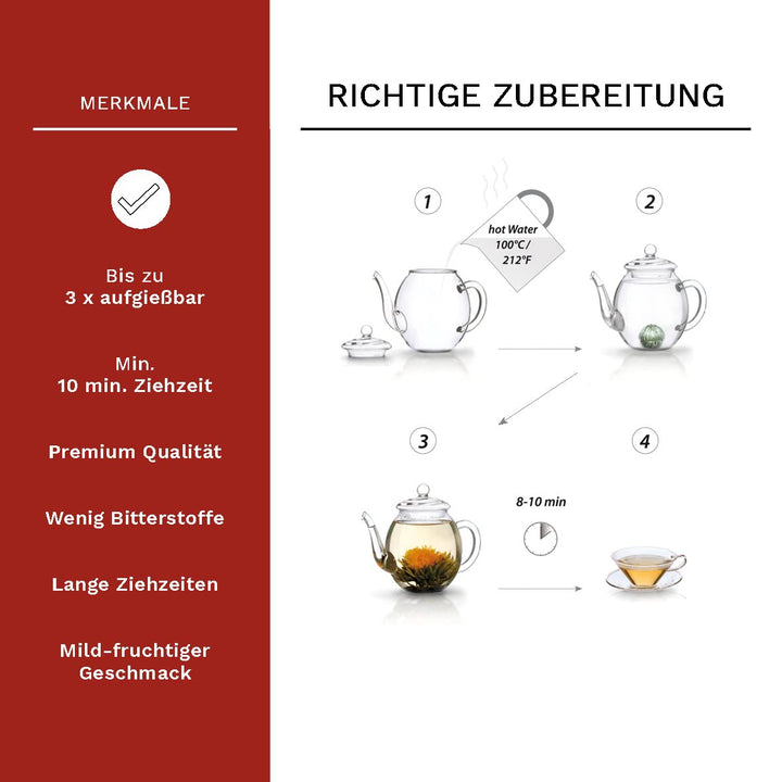 Creano Teeblumen Mix - Geschenkset Erblühtee mit Glaskanne & 2x 250ml Thermogläser - Weisser Tee (in