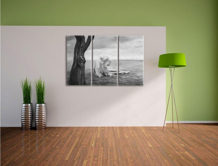 Pixxprint Löwin Ruhe Savanne Kunst Kohle Effekt 3-Teiler Leinwandbild 120x80 Bild auf Leinwand