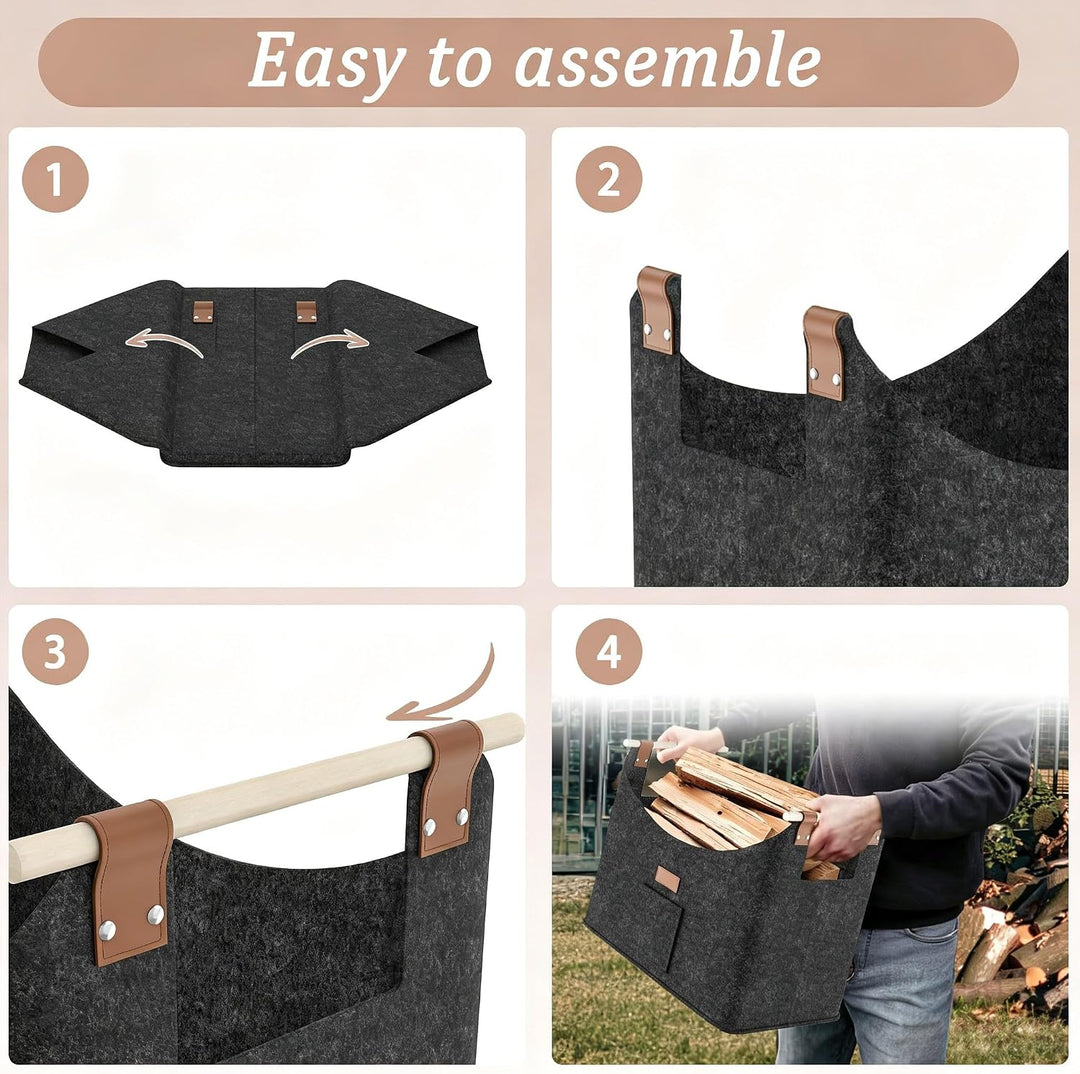4 Stück Gross Filz Holzkörbe 60 Liter Faltbare Einkaufstaschen | Multifunktion Kaminholztasche mit H