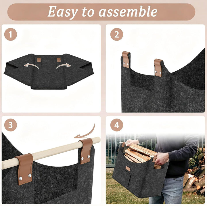 4 Stück Gross Filz Holzkörbe 60 Liter Faltbare Einkaufstaschen | Multifunktion Kaminholztasche mit H