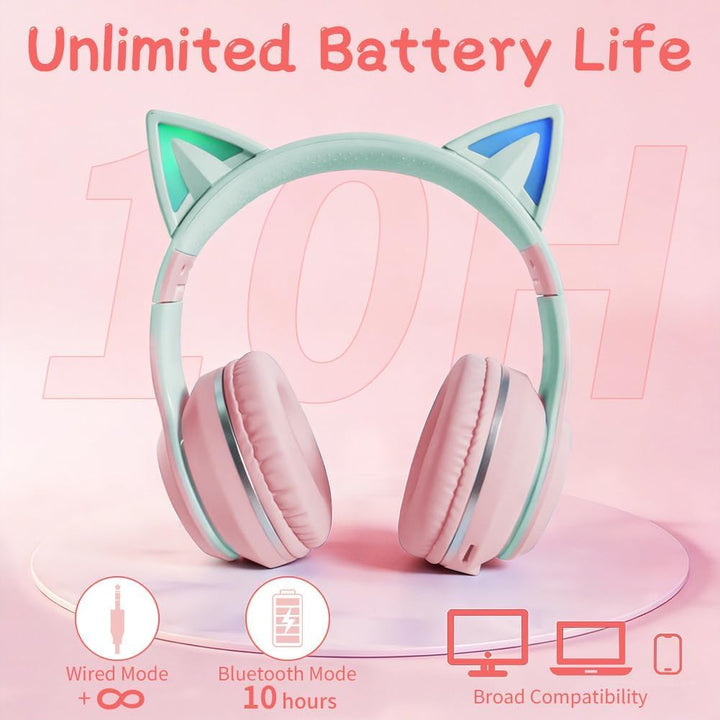 Kinder Bluetooth Kopfhörer, Katzenohr LED Lichter, Bluetooth 5.3 Stereo, Verstellbares Kopfband, 85d