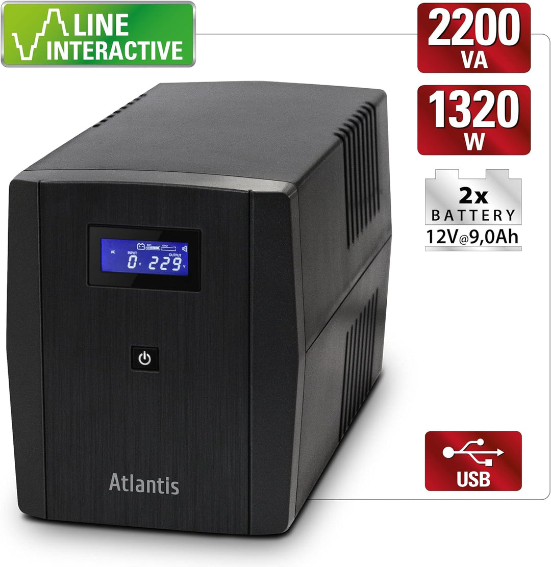 Atlantis OnePower S2001, USV Line Interactive 2000VA/1200W, AVR, PseudoSinuswelle, 4 IEC-Steckdosen