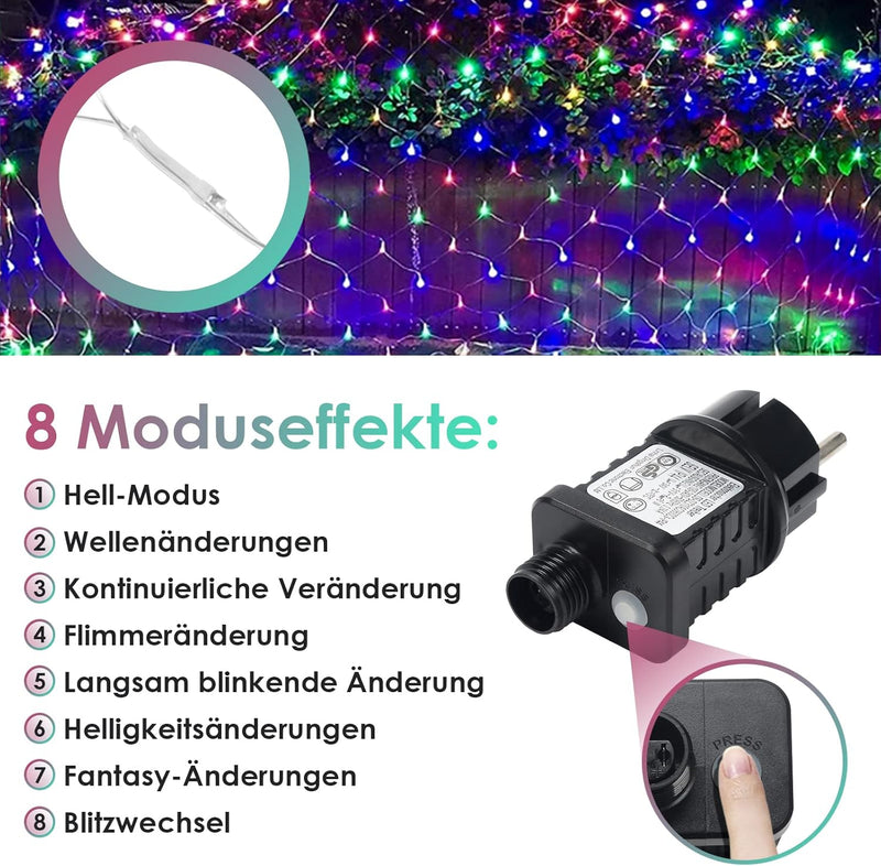 Ikodm LED Lichternetz 2x2m 204LEDs Lichterkette Lichterkettennetz 8Modi Lichtervorhang mit Stecker f