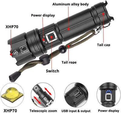 LED Taschenlampe Extrem Hell 7000 Lumens, WESLITE XHP70.2 Taschenlampe LED Aufladbar Wasserdicht USB