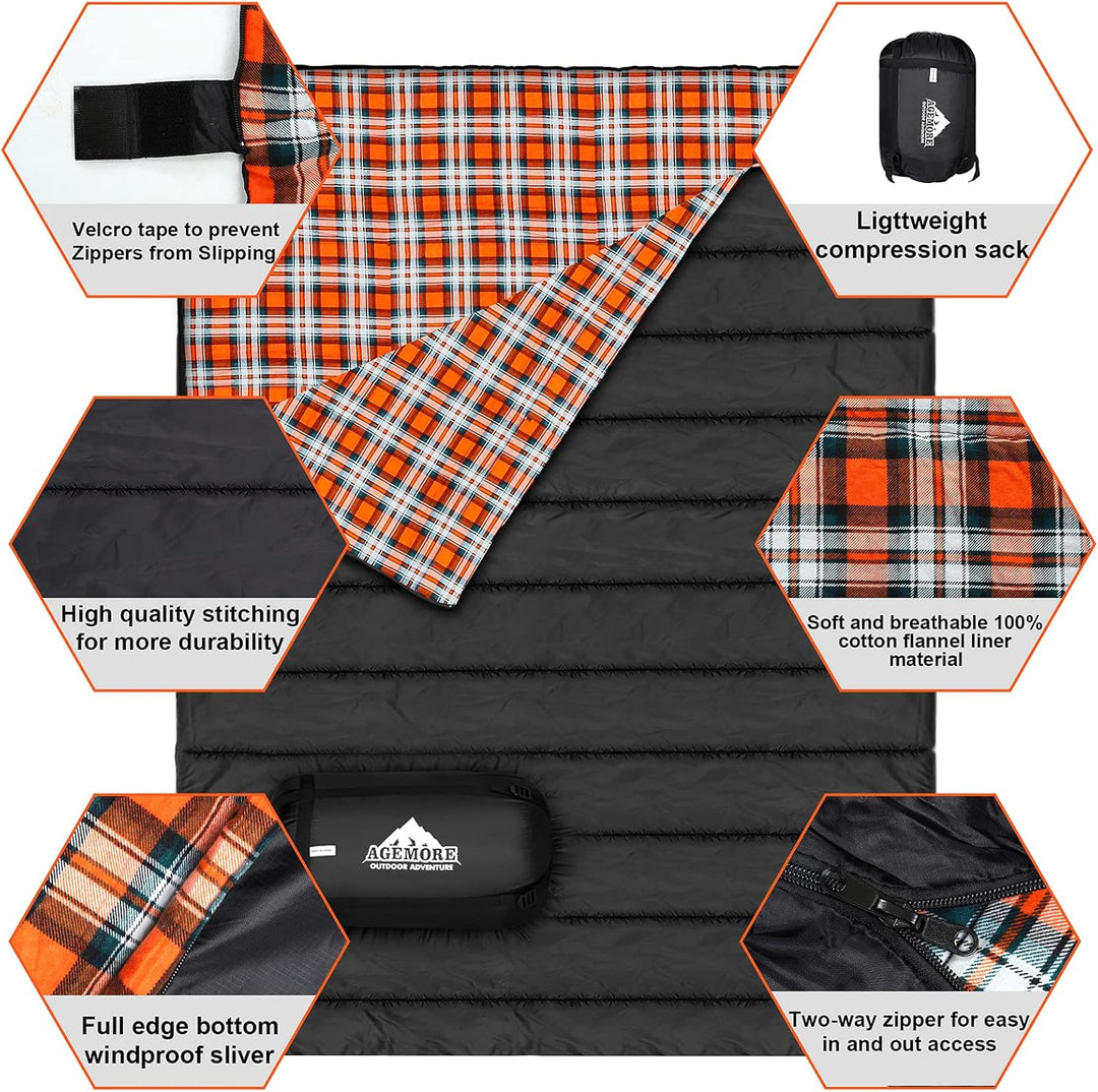 Baumwollflanell-Doppelschlafsack für Camping, Wandern oder Wandern. Queen Size 2 Person wasserdichte