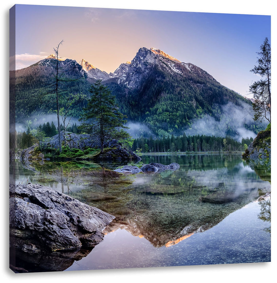 Sonnenaufgang am Hintersee, Format: 70x70 auf Leinwand, XXL riesige Bilder fertig gerahmt mit Keilra
