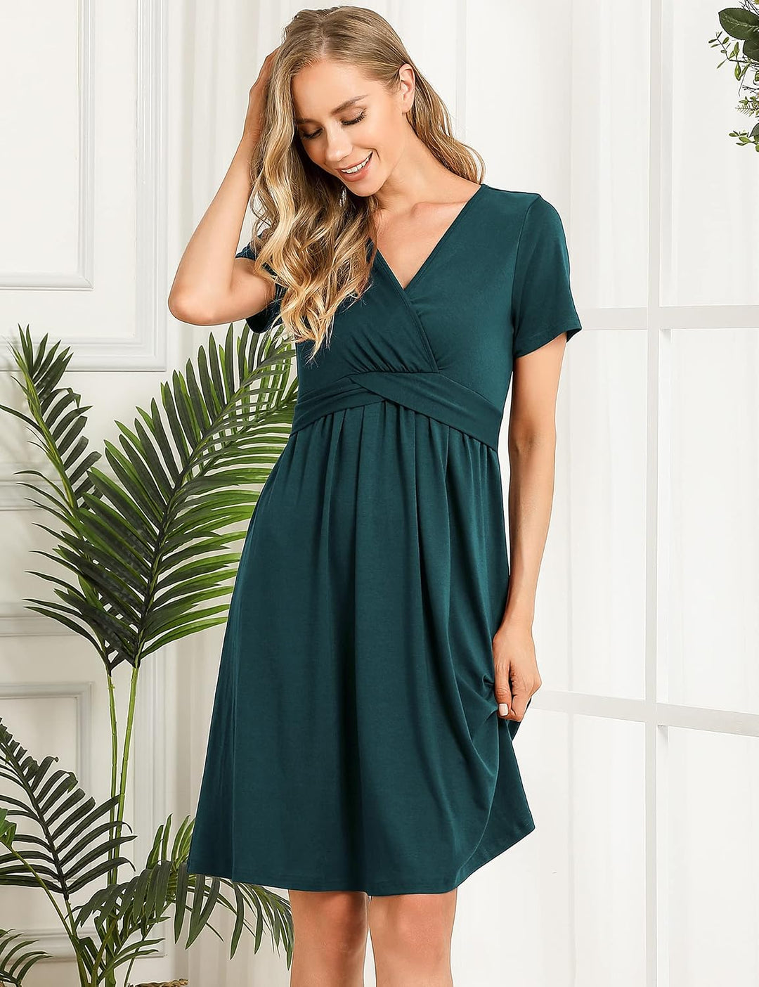 KOJOOIN Damen Umstandskleid V-Ausschnitt Stillkleid Casual Falten Schwangerschaftskleid(Verpackung M