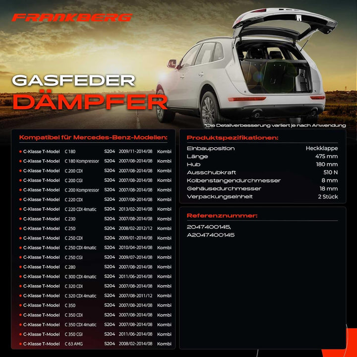 Frankberg 2x Gasfeder Dämpfer Heckklappe Kompatibel mit C-Klasse T-Model S204 160 180 200 220 230 25