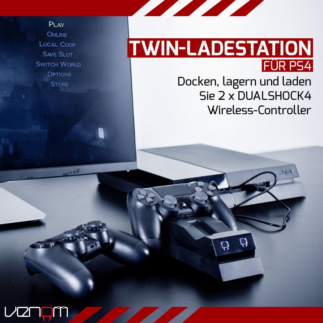 Venom Twin Docking Station, lädt zwei Dualshock 4 Controller gleichzeitig ohne Kabel, mit LED Anzeig