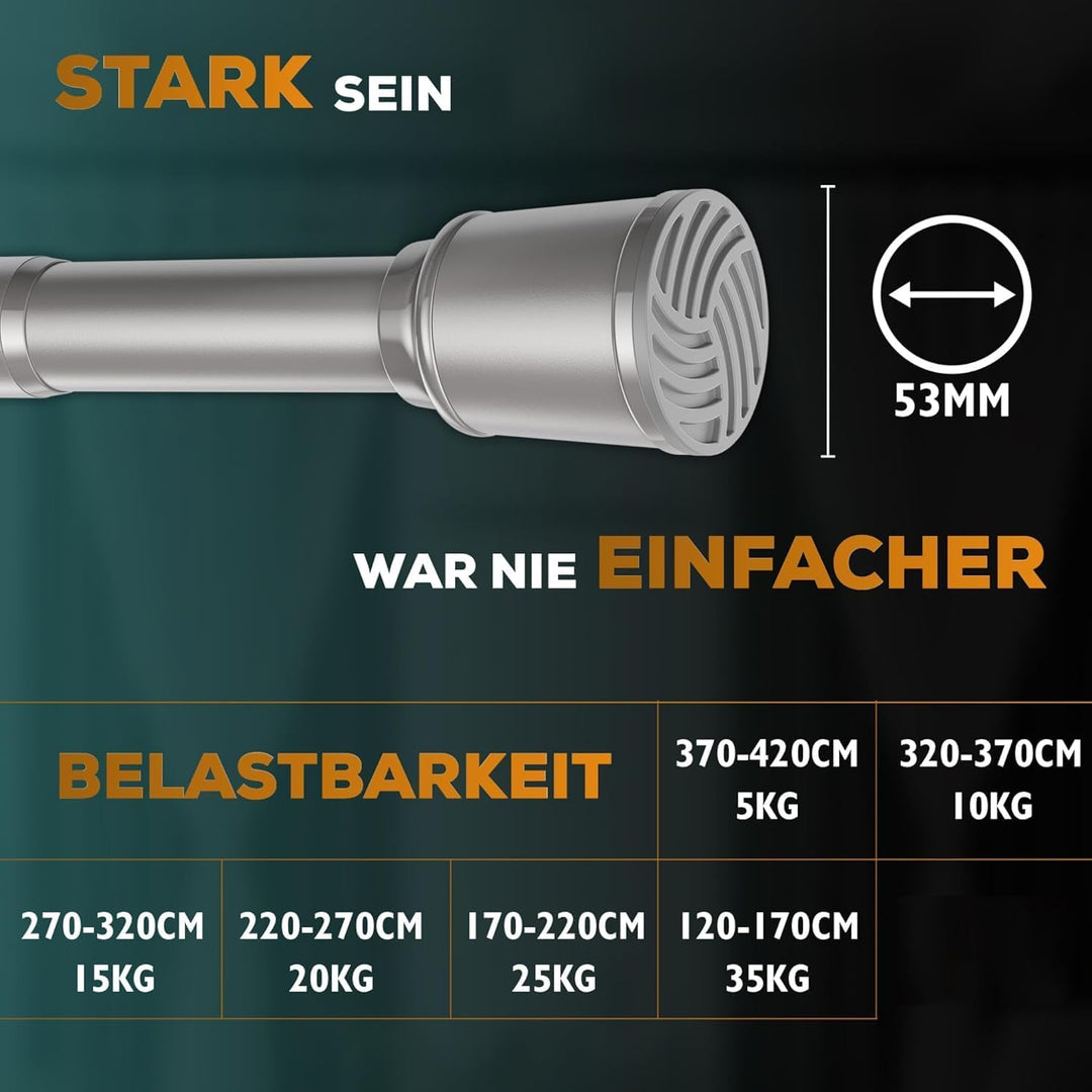 Klemmstange für Gardinen 120-170cm, Grau, Ø 32 mm, Duschvorhangstange ohne Bohren - Vorhangstange zu