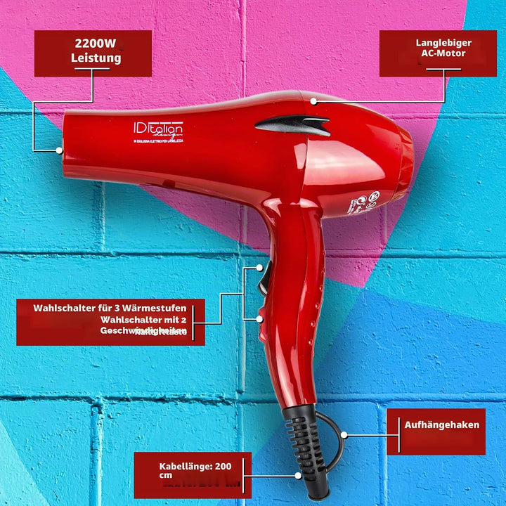 ID Italian Design | Professioneller Haartrockner mit Stylingdüse, 3 Temperatureinstellungen und 2 Ge