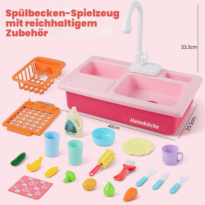 Mini Tudou Kinderwaschbecken Spielzeug,Spielspüle Spielzeug mit Automatischem Wasserzyklus-System, E