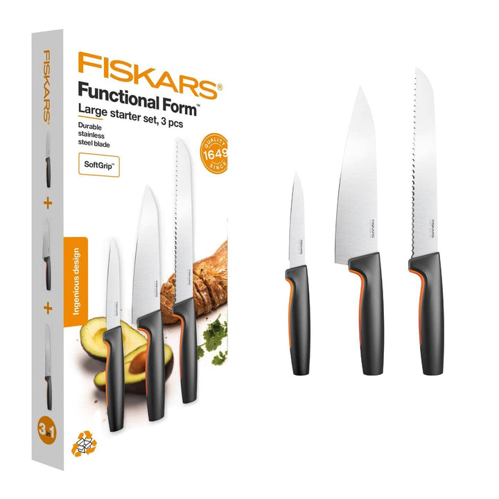 Fiskars Küchenmesser-Set, 3-teilig, Functional Form, Inklusive Kochmesser (mittel), Gemüsemesser und