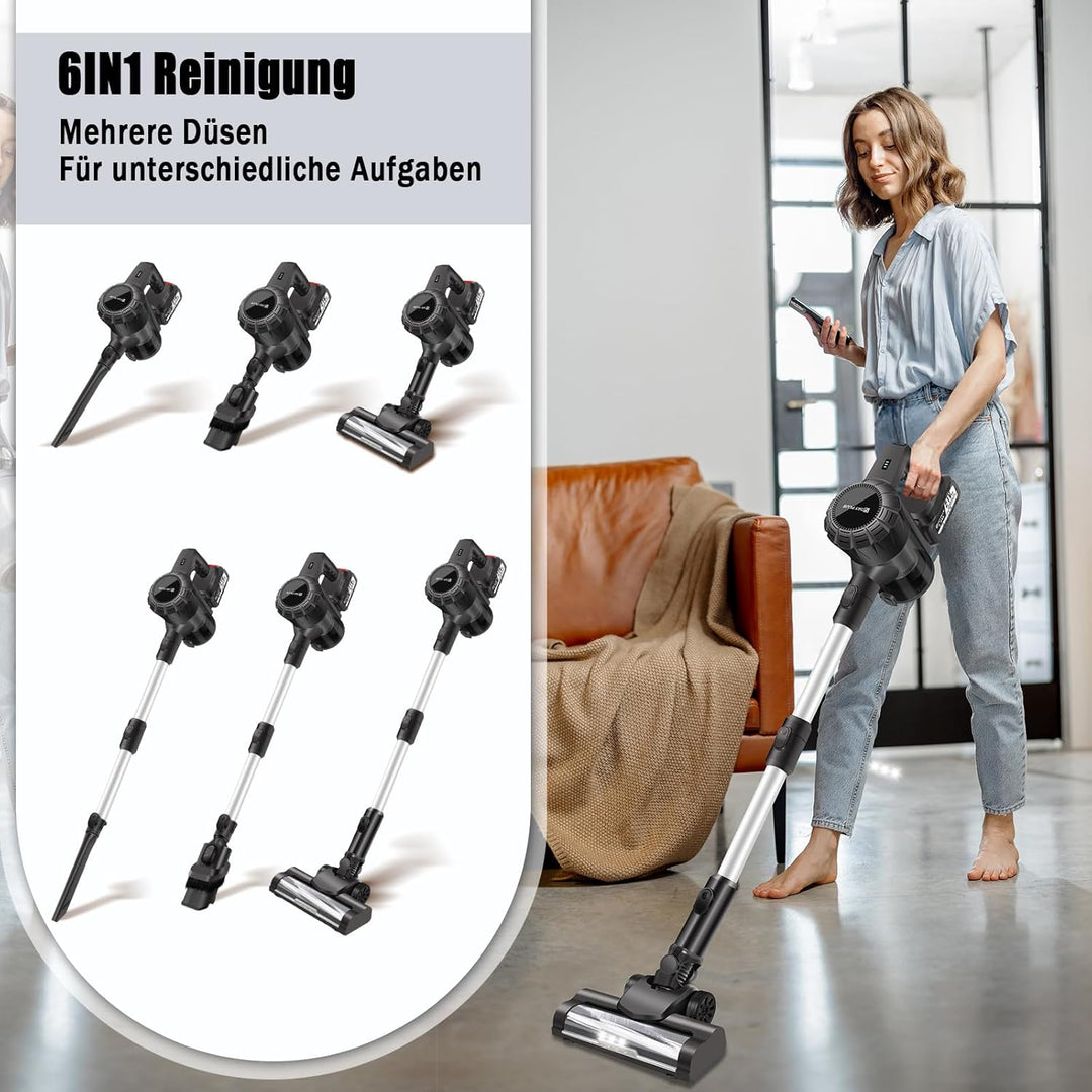 Akku Staubsauger，35000Pa/450W Staubsauger Kabellos，Kabellos Freistehend mit 2*3000mAh Herausnehmbare