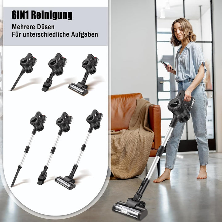 Akku Staubsauger，35000Pa/450W Staubsauger Kabellos，Kabellos Freistehend mit 2*3000mAh Herausnehmbare