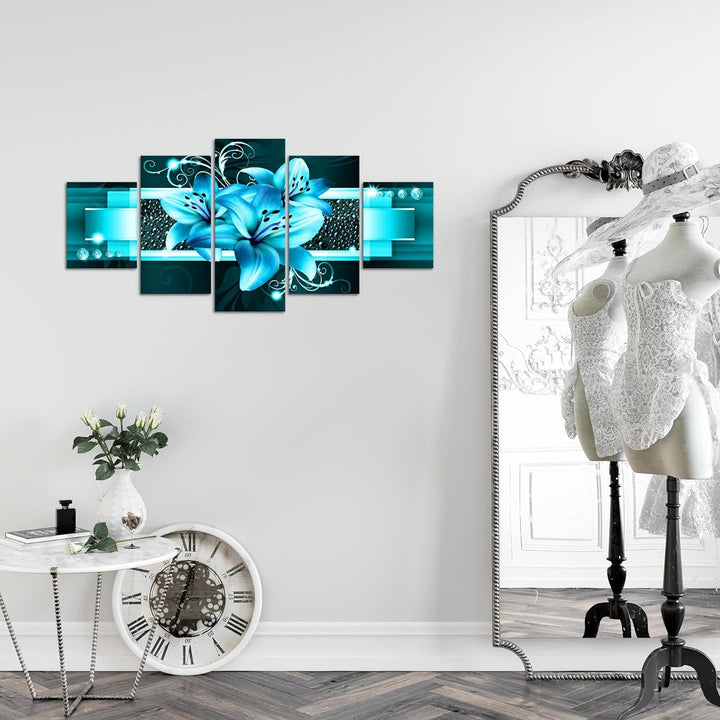 Runa Art Wandbilder Blumen Lilien 5 Teilig Bild auf Vlies Leinwand Deko Wohnzimmer Abstrakt Türkis 0
