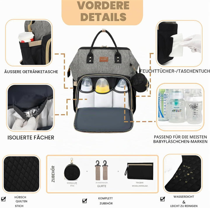 Wickelrucksack Gross - Baby Wickeltasche Rucksack Wasserdicht & Leicht mit Wickelunterlage, Schnulle
