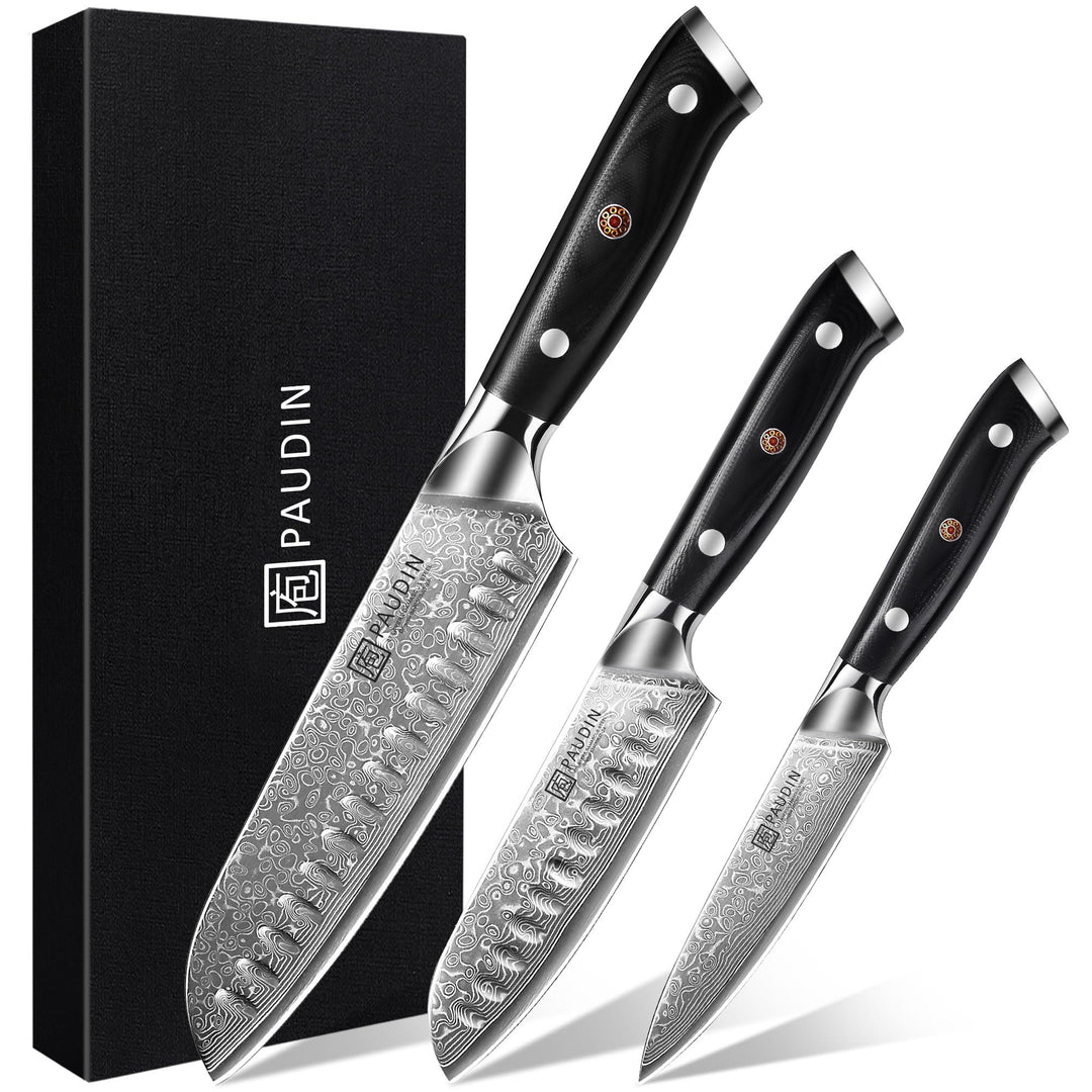 PAUDIN Damastmesser set, Messerset 3-teilig, Damast Küchenmesserset mit Ultra Scharfes Santokumesser