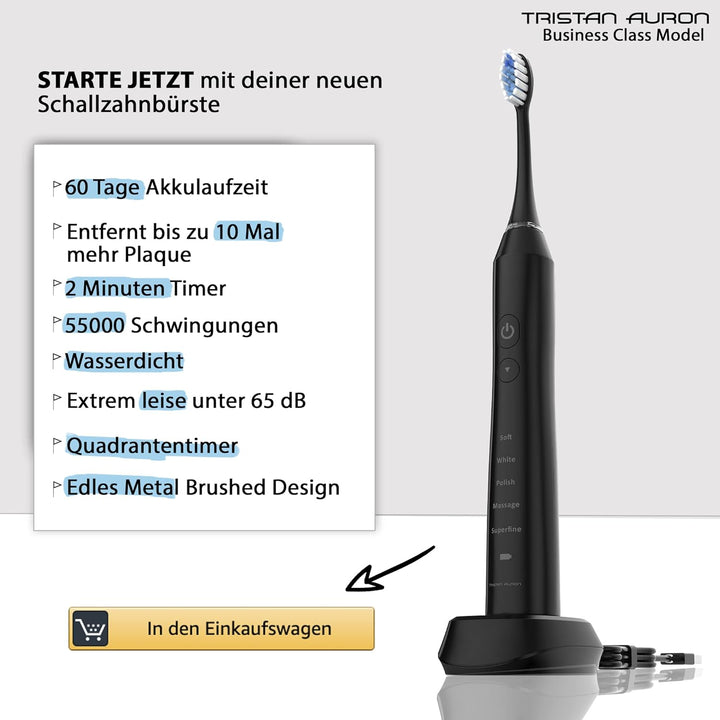 Tristan Auron Business Class Set – Schallzahnbürste & Projet Munddusche – 2 Bürstenaufsätze, 2 Ersat