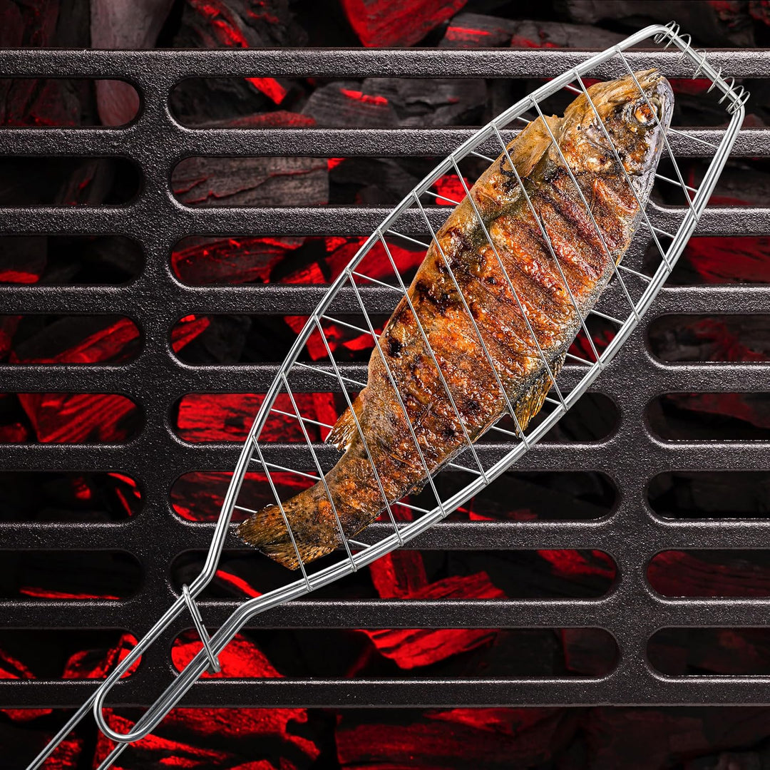 Relaxdays Fischbräter 6er Set, Edelstahl, mit Griff, 54 cm lang, Fischhalter zum Grillen, Grillgutha