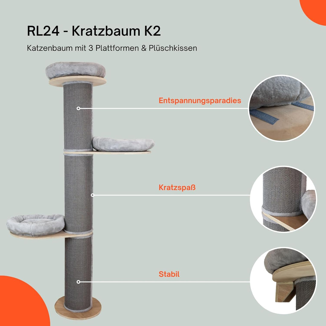 RL24 - Kratzbaum K2 – Katzenbaum mit 3 Plattformen & Plüschkissen in grau – mit Sisalteppich an der