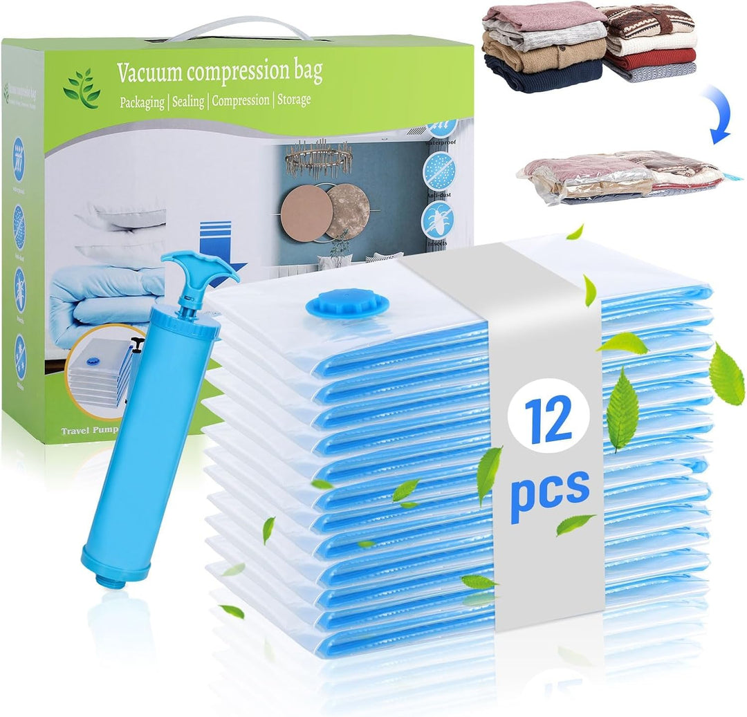 12er Set Vakuumbeutel für Kleidung - 60x40cm, 80% Platz Sparen Vakuum Kleiderbeutel PA & PE Material