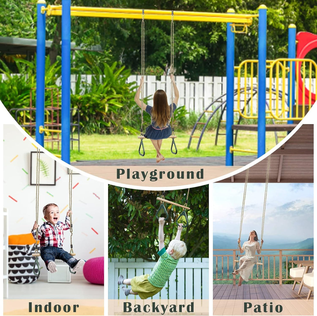 Leogreen Kinder Holz Trapeze Schaukel mit Kunststoff Turnringe, Aufhängen belastbar bis 150KG, Schau