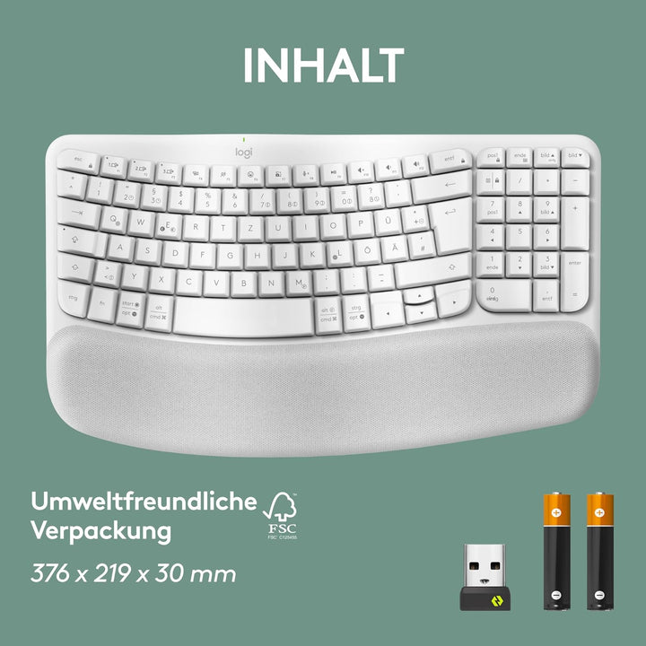 Logitech Wave Keys kabellose ergonomische Tastatur, gepolsterte Handballenauflage, komfortables natü
