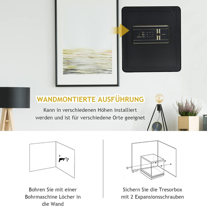 GOPLUS Elektronischer Safe, Feuerfester Möbeltresor mit Zahlenschloss, Schlüssel & Alarmsystem, Wand