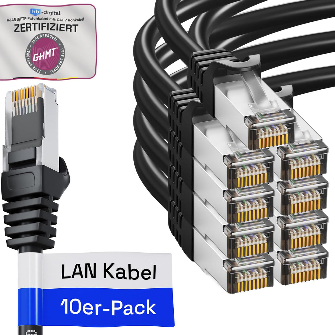 HB-DIGITAL 10x 15m LAN Kabel RJ45 Patchkabel mit CAT 7 Rohkabel S/FTP - GHMT zertifiziert - 10 Gigab