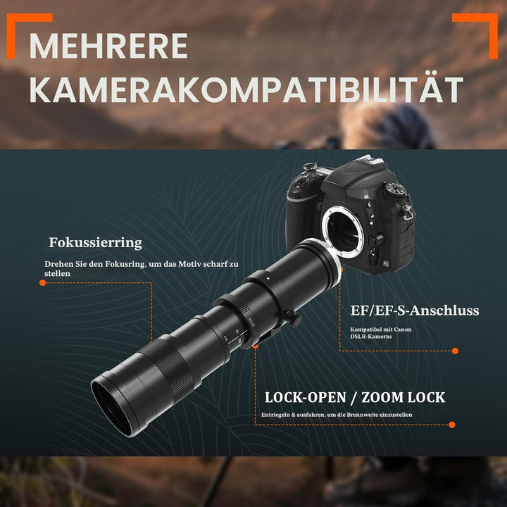 BENOISON Teleobjektiv 420-800mm, EF Objektiv für Canon DSLR, Manueller Fokus MF Zoom Objektiv für Ca