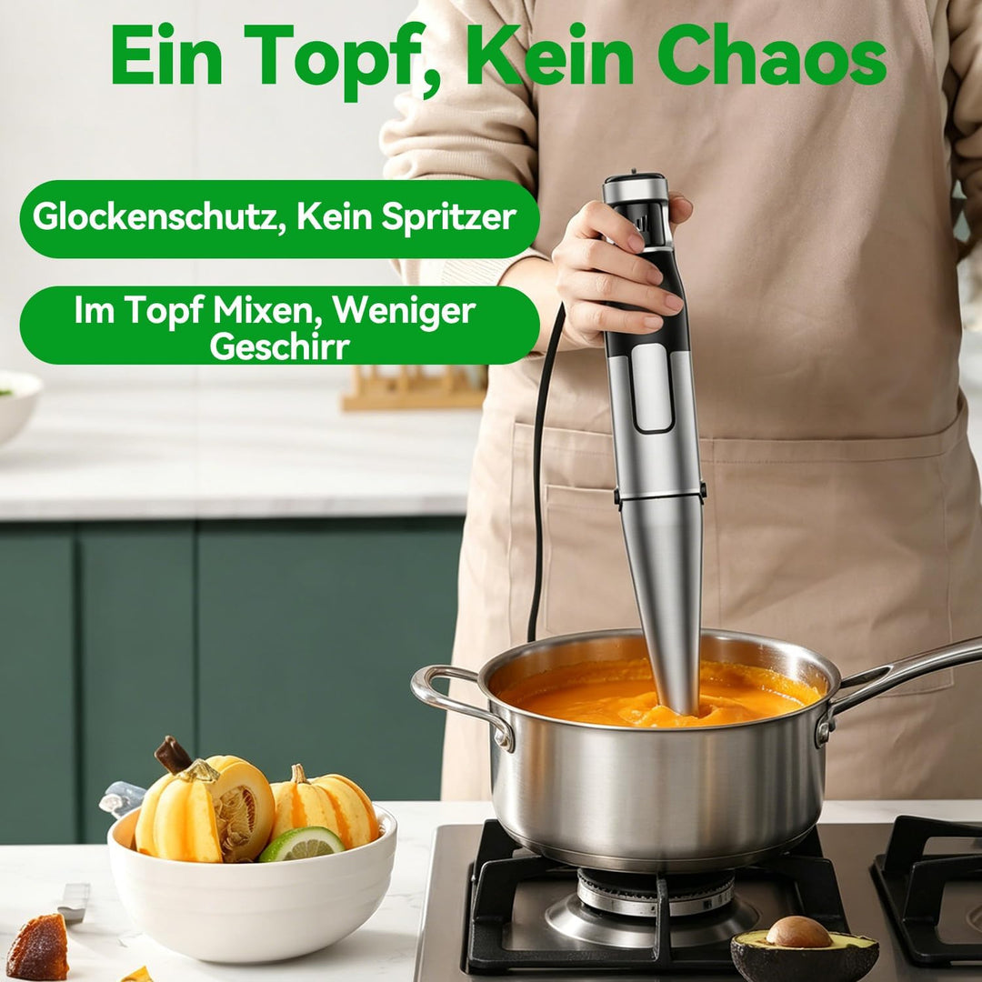 Stabmixer Set 5 in 1, 1100W Pürierstab Elektrisch, Stufenlose Geschwindigkeit, Edelstahl Hand Blende